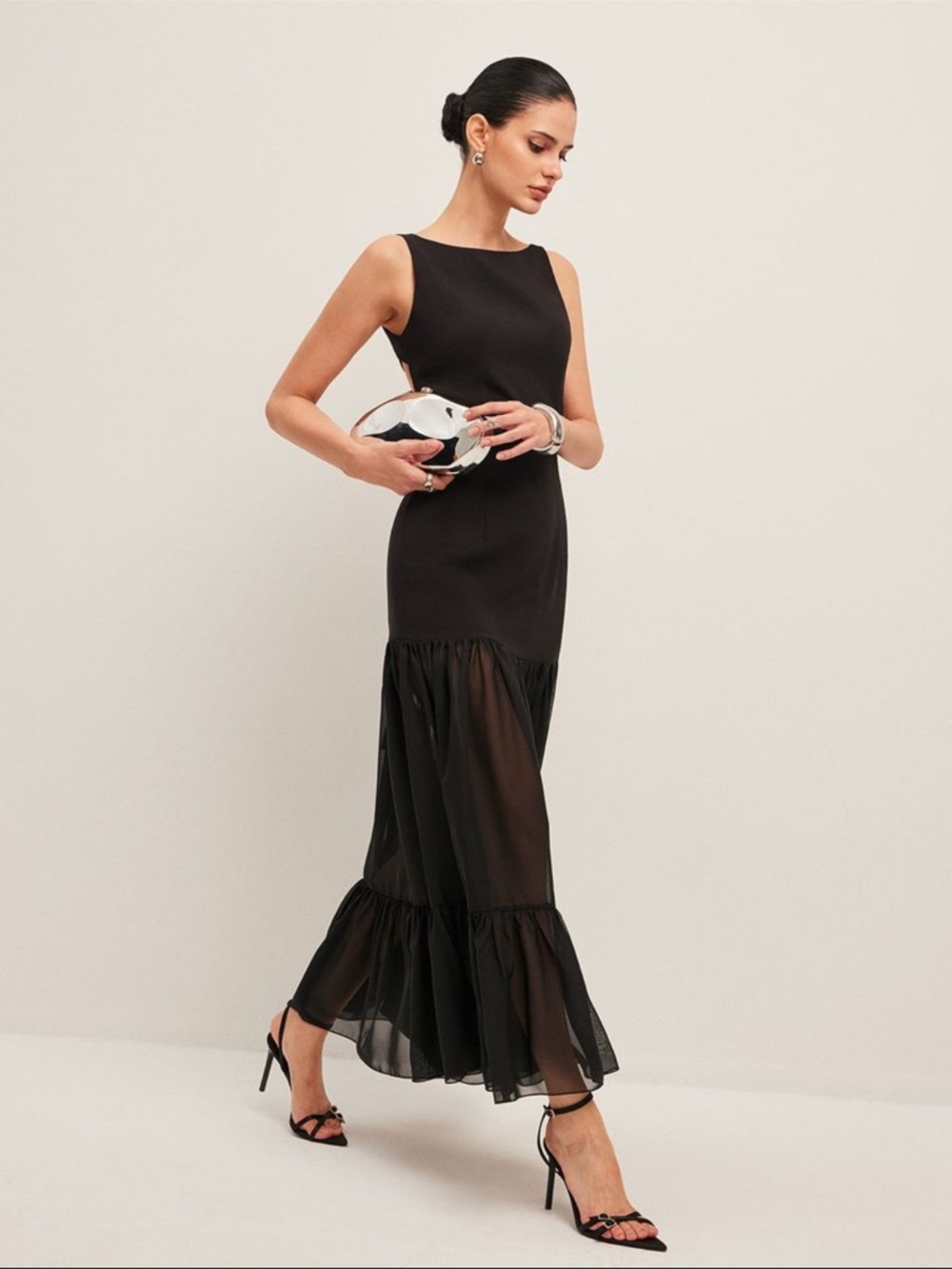 Commense Black Lined and Sheer Backless Tiered Maxi Dress size s - Picture 3 of 5